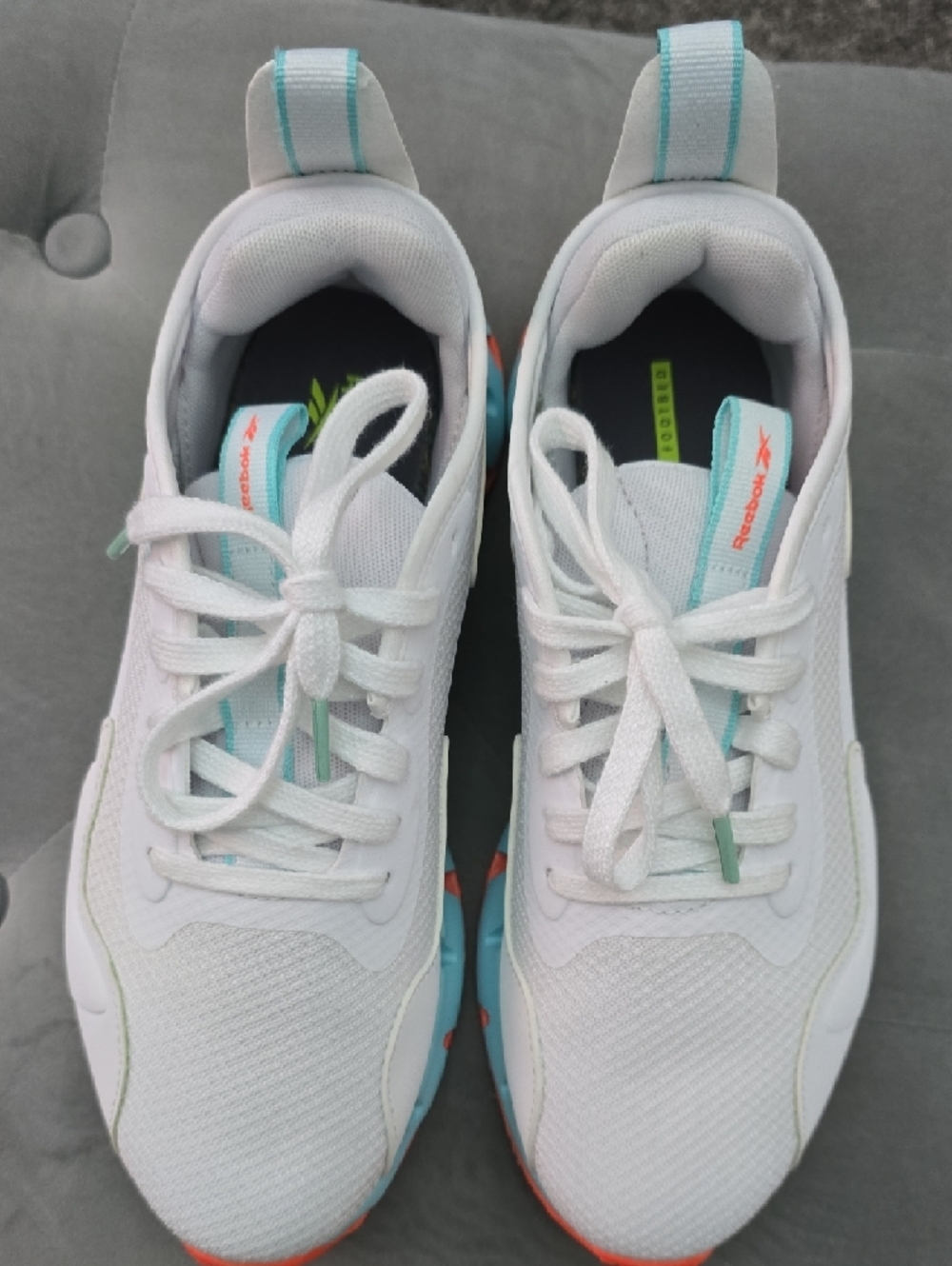 Reebok White Sneakers with Aqua Midsole & Coral Outsole - Picture 3 of 11